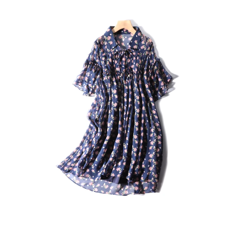 

New Romantic light sleeve with small hollow out lotus leaf of tall waist a4101 thin silk silkworm silk flower dress