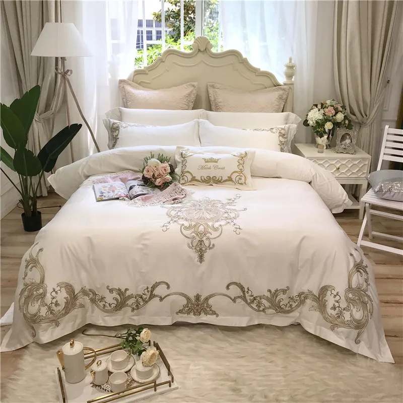 Embroidery Luxury White Bedding Set Duvet Cover Flat//Fitted Bed Sheet Pillowcase