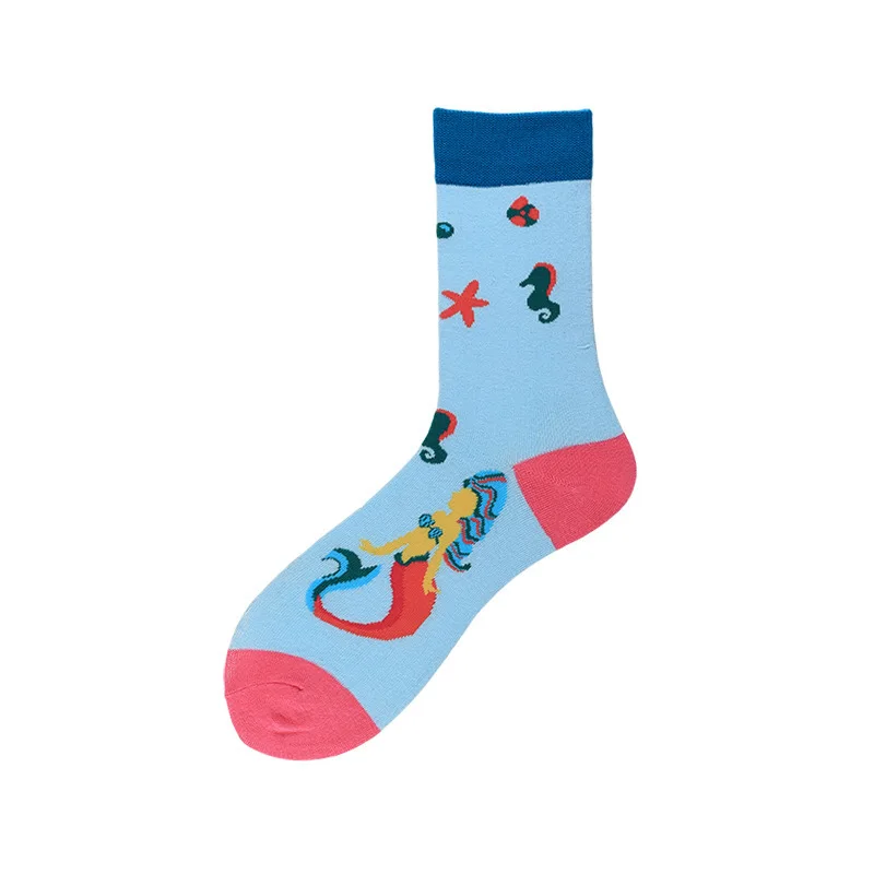 PEONFLY мужские носки японский хлопок красочный мультфильм милый забавный счастливый каваи обезьяна Рыба Хлопок Sokken для Рождественский подарок - Цвет: Mermaid