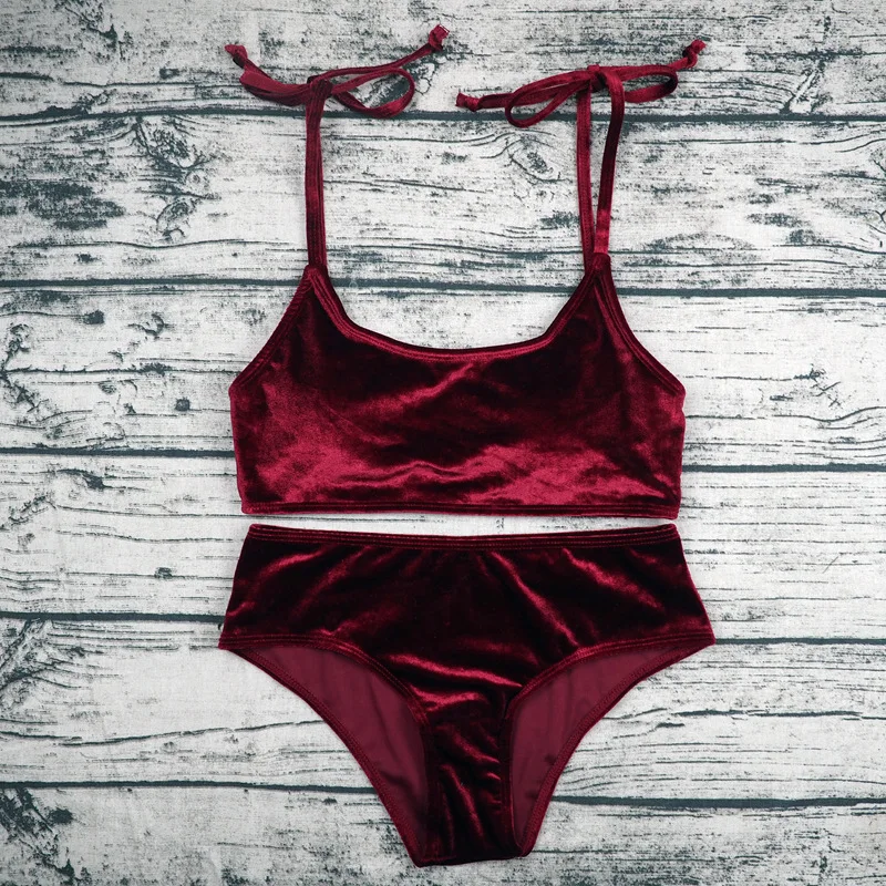 

2019 Velvet Sexy Bikini Swimwear Women Swimsuit Push Up High Waist Bikini Halter Bikinis Set Swimsuit Bathing Suit Women 5 Color