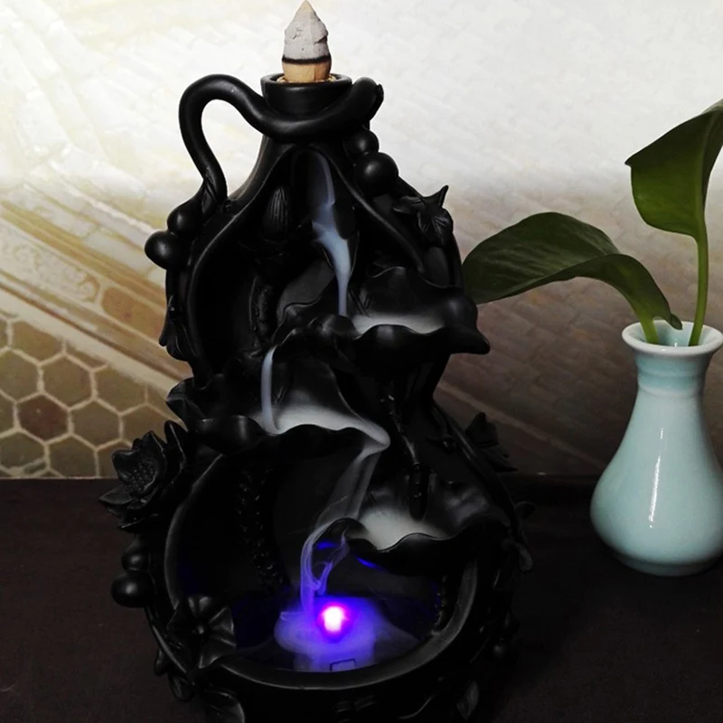 

LED Ceramic Backflow Waterfall Smoke Censer Incense Holder Home Decorate DC120