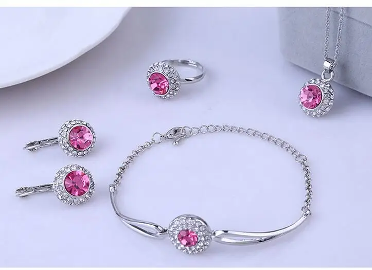 

Hot selling> USA Top Quality 925 Silver Purple pink CZ Zirconia Crystal Pendant necklace bracelet earrings ring four piece j -Br