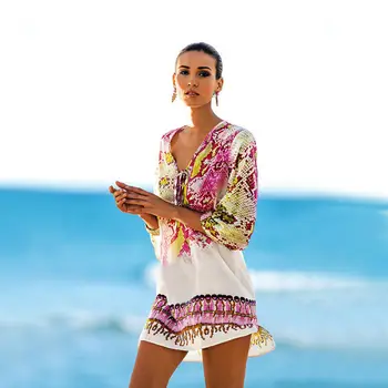

Hirigin Hot Women Summer Long Sleeve Lantern Sleeve Loose V-Neck Beach Chiffon Blouse Dress