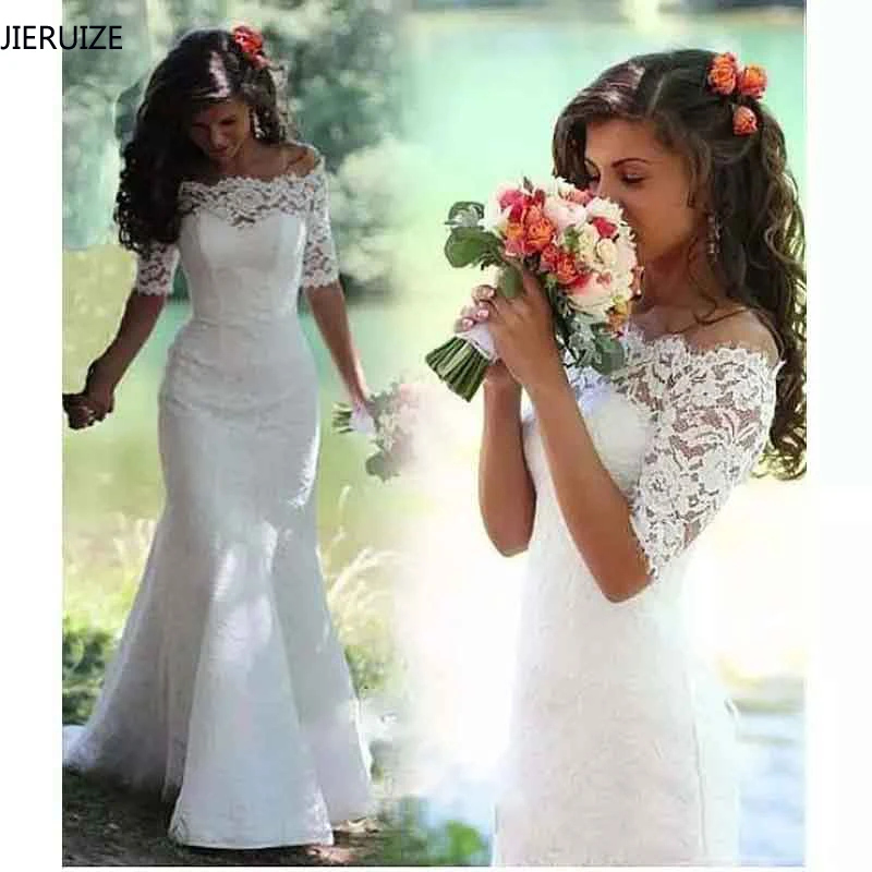 JIERUIZE White Lace Boho Mermaid Trouwjurken Halve Mouwen Uit De Schouder Strand Bruidsjurken Elegante Bruidsjurken JIERUIZE White Lace Boho Mermaid Trouwjurken Halve Mouwen Uit De Schouder Strand Bruidsjurken Elegante Bruidsjurken