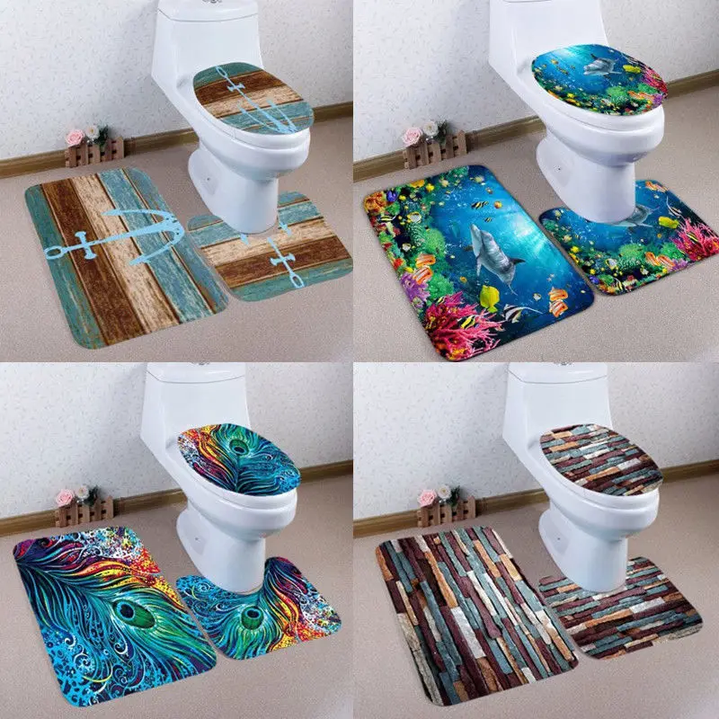

3Pcs Set Flannel Bathroom Non-Slip Pedestal Rug Lid Toilet Cover+Bath Mat Decor