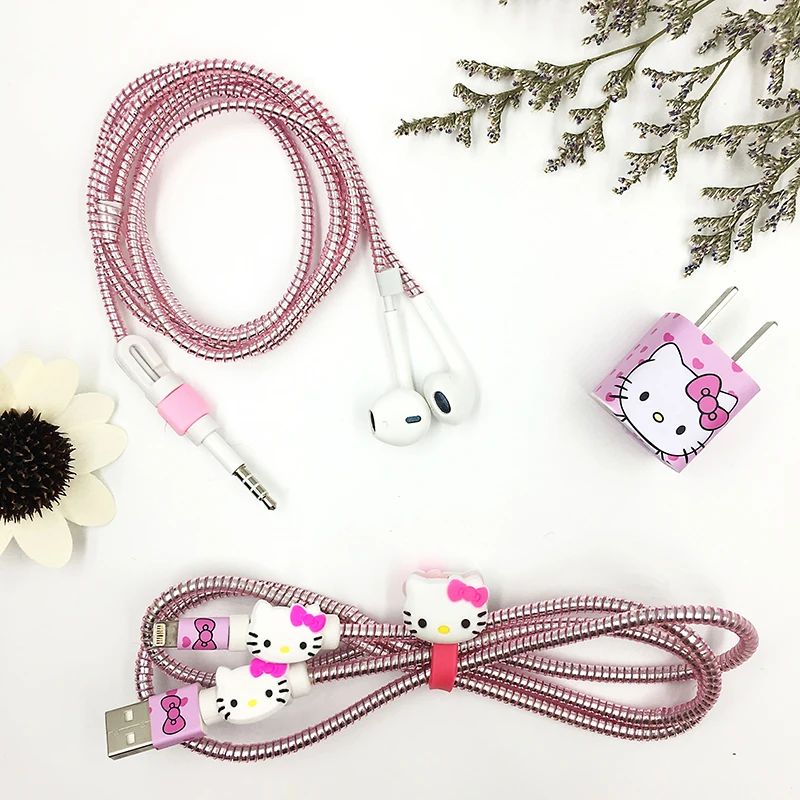 

Fashion Cute Cartoon USB Cable Earphone Protector Set With Cable Winder Stickers Gradient color Spiral Cord Protector For iphone