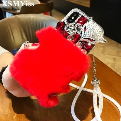 

3D Luxury Bling Diamond Soft Fur Case Fox Head Phone Case For Samsung S7 edge S8 S9 S10 Plus Lite Note5 N8 N9 Phone Cover