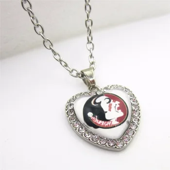 

Florida 10pcs/lot Crystal Heart Seminoles Necklace sport Jewelry With 50cm Chains US Sports Necklace Jewelry Charms