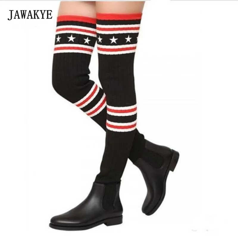 

2017 Stretch Knit Over The Knee Boots Woman Round Toe Star With Stripe Flat Chelsea Boots Women Thigh High Boots
