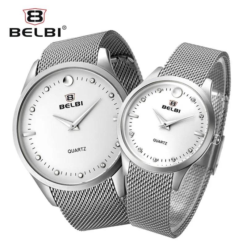 

BELBI Silver Couple Watches Women Men Romantic Elegant Casual Lover's Watch Stainless Steel Waterproof Gift Clock