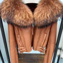 Натуральное шерстяное меховое пальто для женщин, зимняя короткая парка большого размера с воротником из меха енота, пальто из натуральной овчины, Женская куртка