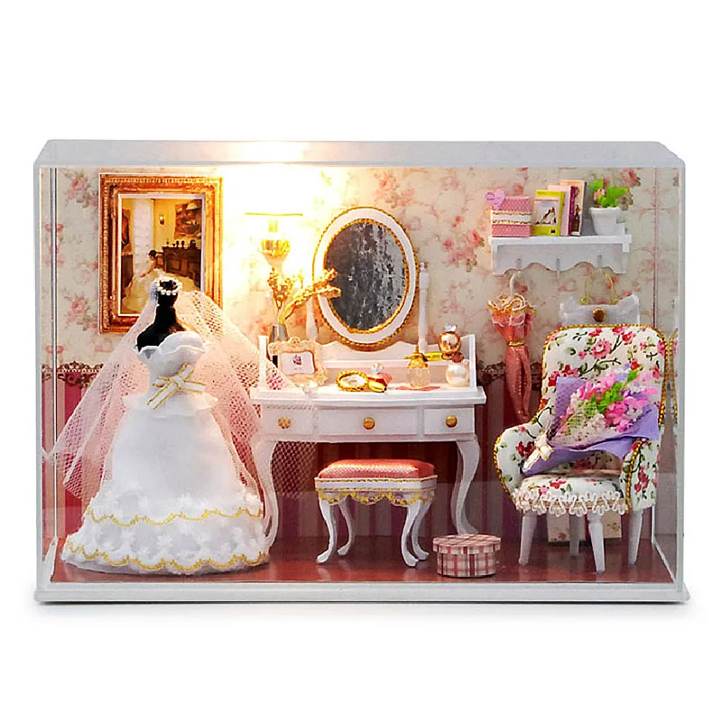 Мебель ручной работы Diy кукольный домик комплект Миниатюрная модель со светодиодным светильник пылезащитный чехол лучший рождественский подарок для детей девочки ремесла игрушки