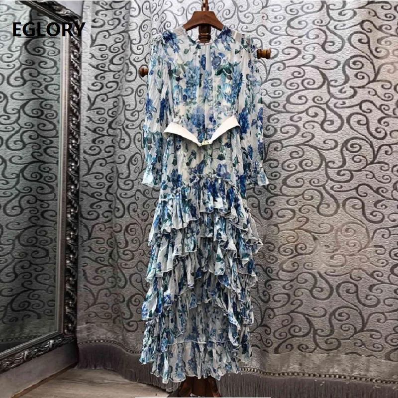 

Top Grade Designer Fashion Long Dress 2019 Summer Style Women Vintage Floral Print Cascading Ruffle Long Sleeve Maxi Dress Belt