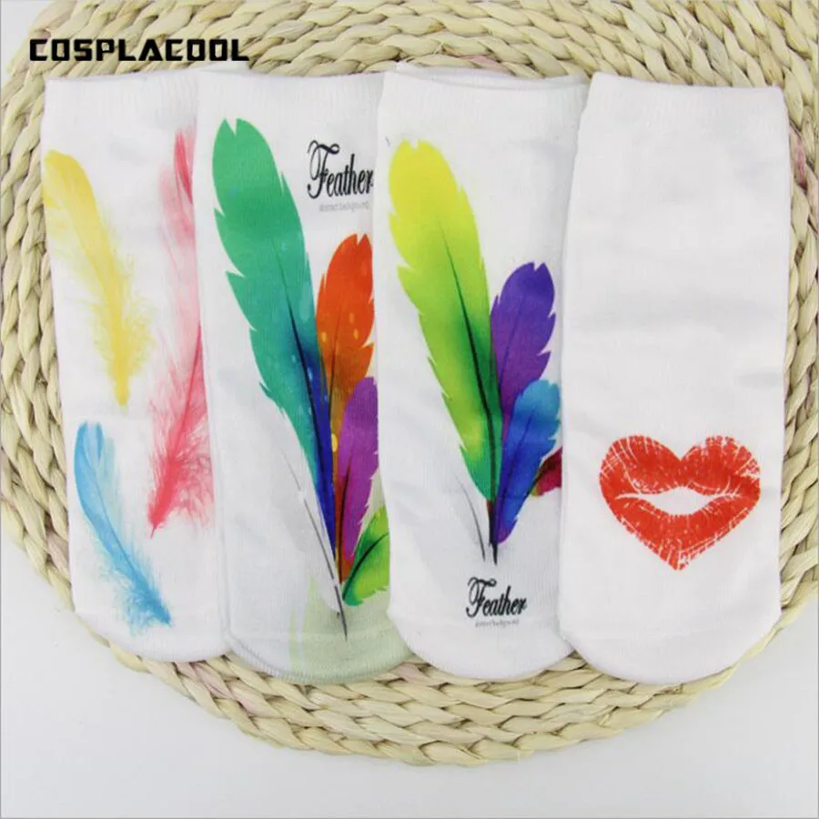 

Harajuku 3d printing Colorful feathers spring summer Japanese Large size socks breathable personality shallow mouth socks women