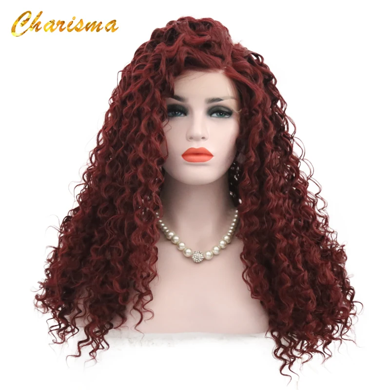 

Charisma Curly Wine Red Color Wigs Synthetic Lace Front Wigs With Combs Inside Side Part High Quality Wigs For Black Women