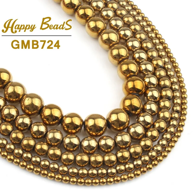 

Natural Stone Gold Color Hematite Round Loose Spacer Beads For Jewelry Making DIY Bracelet 4 6 8 10 MM 16" Strand Free Shipping