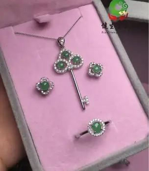 

Custom natural Jade A silver inlaid ring ear nail necklace Pendant Characteristic three package gift box