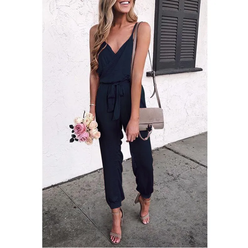 

Fashion 2019 Plus Size Women V Neck Spaghetti Strap Loose Jumpsuit 2019 Summer Sleeveless Belt Casual Jumpsuit Solid Overalls