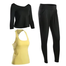 Йога комплект спортивный костюм Для женщин комплект из 3 предметов Вязаные Жилеты для женщин Брюки для девочек Половина рукава Рубашки для мальчиков дышащие свободные удобная спортивная одежда