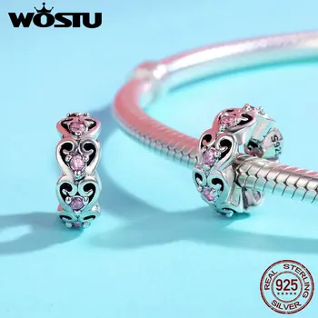 

WOSTU 2020 Authentic 925 Sterling Silver Cubic Zircon Pink Heart Spacer Charms Gift for Women Original Bracelet Beads BKC339