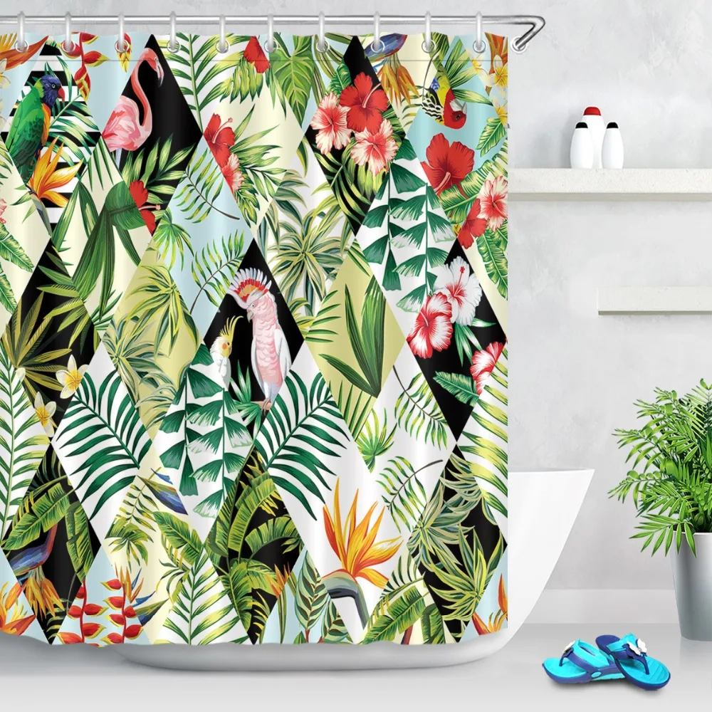 Tropical Green Jungle Palm Trees Polyester Fabric Shower Curtain Bathroom Hooks