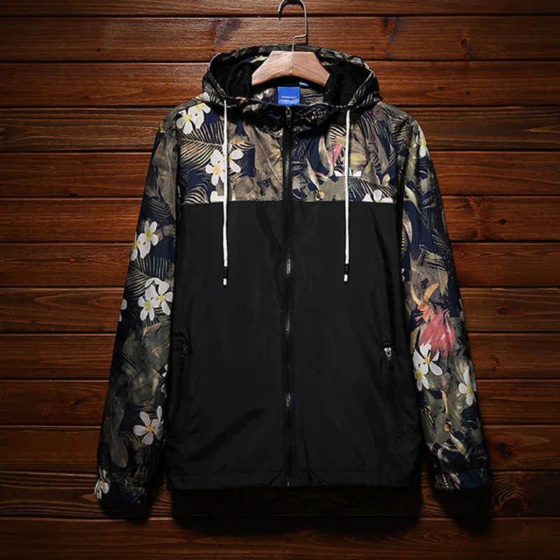 

Dropshipping Original Brand Men Windbreaker Jacket Spring Floral Print Light Weight Men Hooded Jacket Autumn Casual Jacket