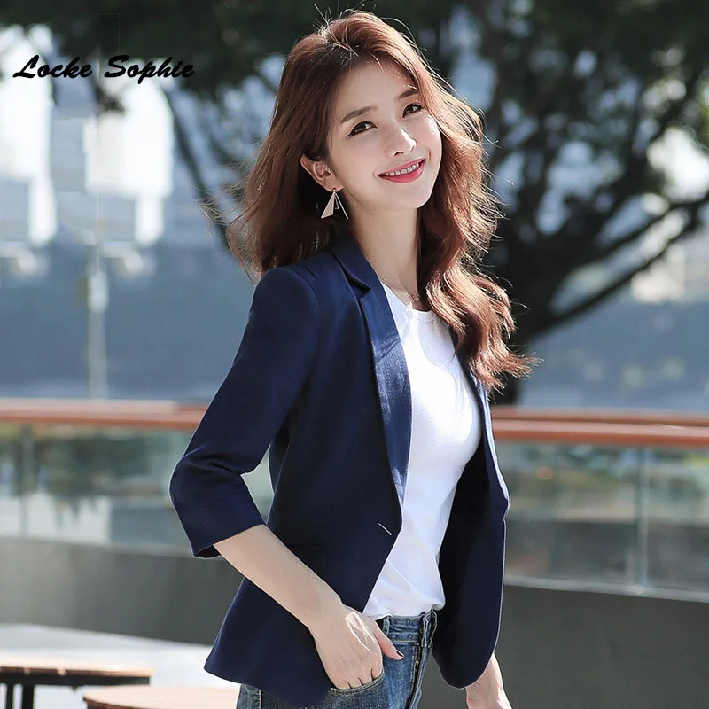 

1pcs Women's Plus size Slim fit Blazers coats 2019 Summer cotton Middle sleeve Small Suits jackets ladies Skinny Blazers Suits