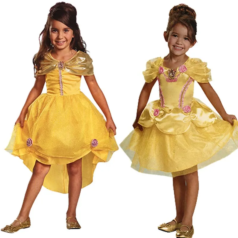 Children Girl Cosplay yellow Princess Belle Dress Beauty and The Beast ...