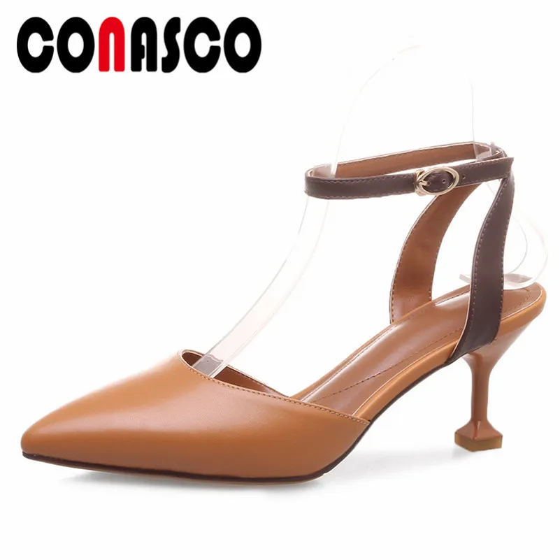 Marque Mode Élégant Bout Cuir Bride Cheville La Conasco Vache Talons Beige Mariage Hauts Femme Bureau De Parti En marron Pompes Chaussures À Pointu d5wvH