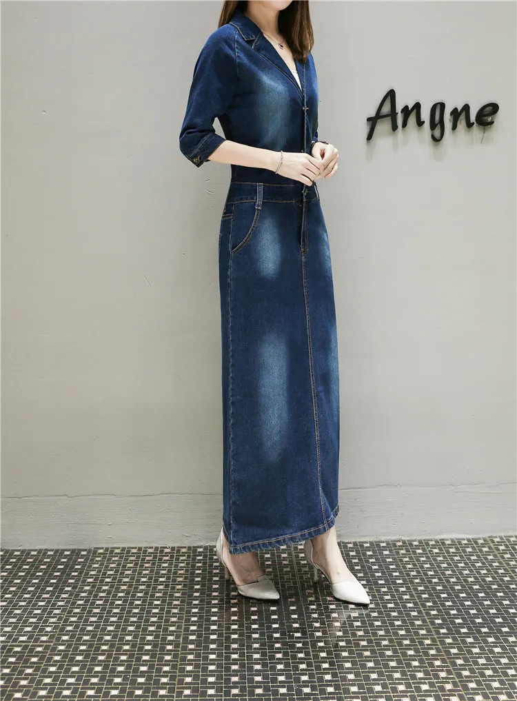 Женское джинсовое платье размера плюс длиной до лодыжки, осень, свободное винтажное джинсовое платье, повседневные платья с рукавом три четверти, женские платья L170