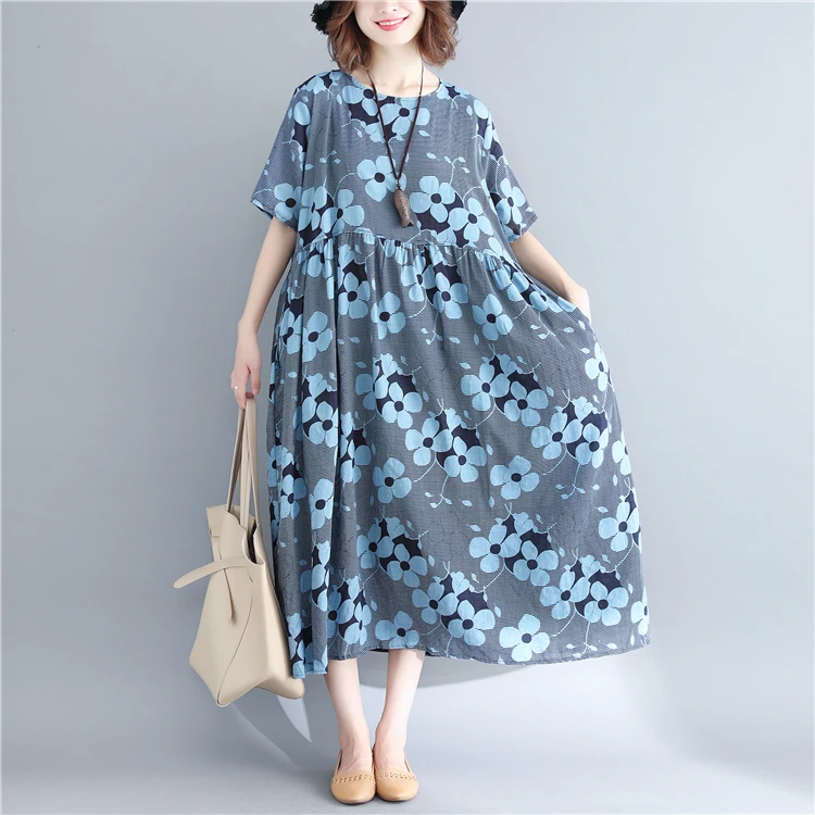 DIMANAF женское льняное платье больших размеров с цветочным рисунком, летнее праздничное женское винтажное свободное синее пляжное платье