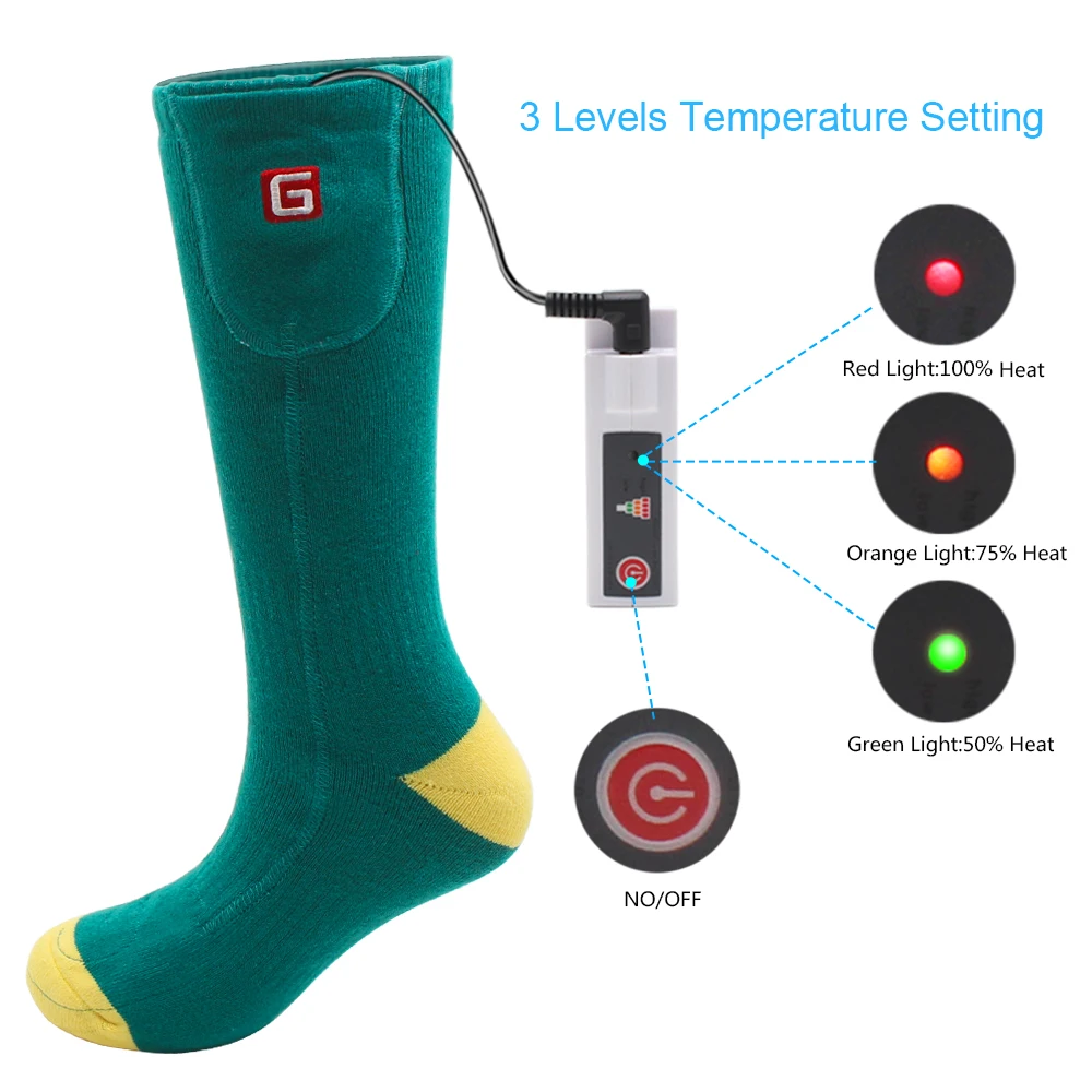 QILOVE, зеленые носки с электрическим подогревом, 3,7 в, литиевые, на батарейках, хлопок, спандекс, вязаные, на открытом воздухе, спортивные, лыжные носки