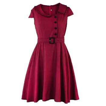 

Women Casual Dress 2019 Summer Women Vintage Princess Plaid Peter Pan Collar Irregular Party Aline Swing Dress 30