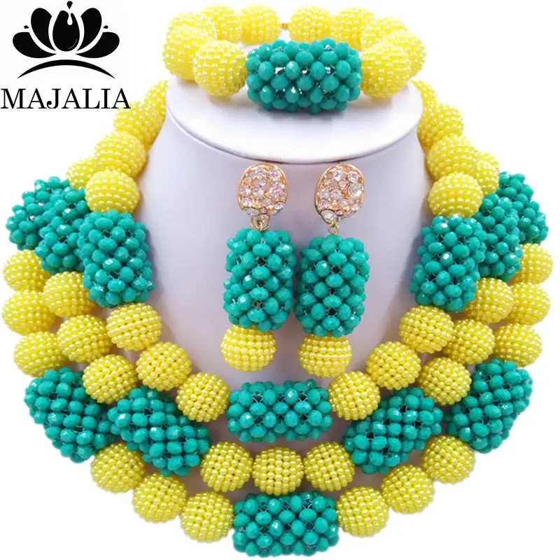 

Majalia Fashion Charming Nigerian Wedding African Jewelry Set Yellow and Teal green Crystal Necklace Bride Jewelry Sets 3SZ061