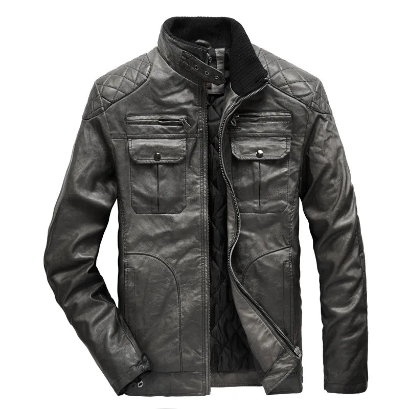 Бренд BOLUBAO, Мужская Ретро зимняя кожаная куртка, мужские пальто со стоячим воротником, PU мотоциклетное повседневное пальто, ветрозащитная мужская кожаная куртка - Цвет: Black Gray