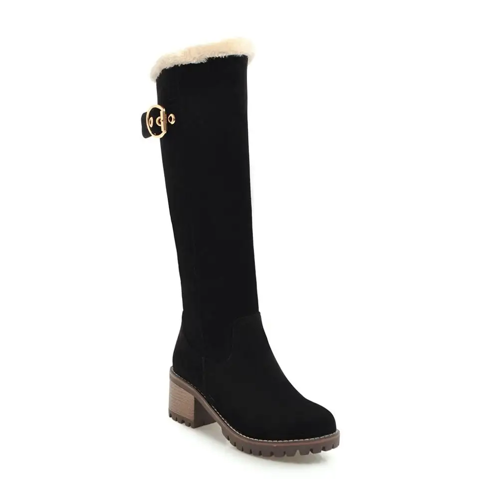 Модные женские сапоги; водонепроницаемые сапоги до колена на высоком квадратном каблуке; теплая зимняя обувь на меху; мотоботы; botas Mujer; m970 - Цвет: Черный
