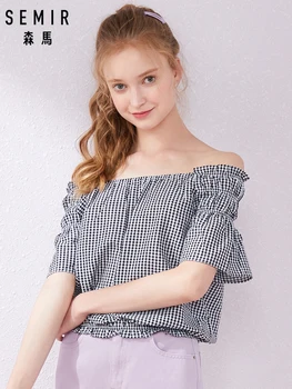 

SEMIR Short sleeve shirt women 2019 summer new blouse retro plaid sweet drop shoulder collar loose slim shirt