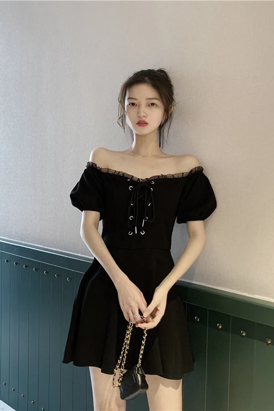

Lace-Up Patchwork Ruffles Organza Off Shoulder Short Sleeve Sexy Elegant High Waist Black Mini Dress Vintage Party Club Women