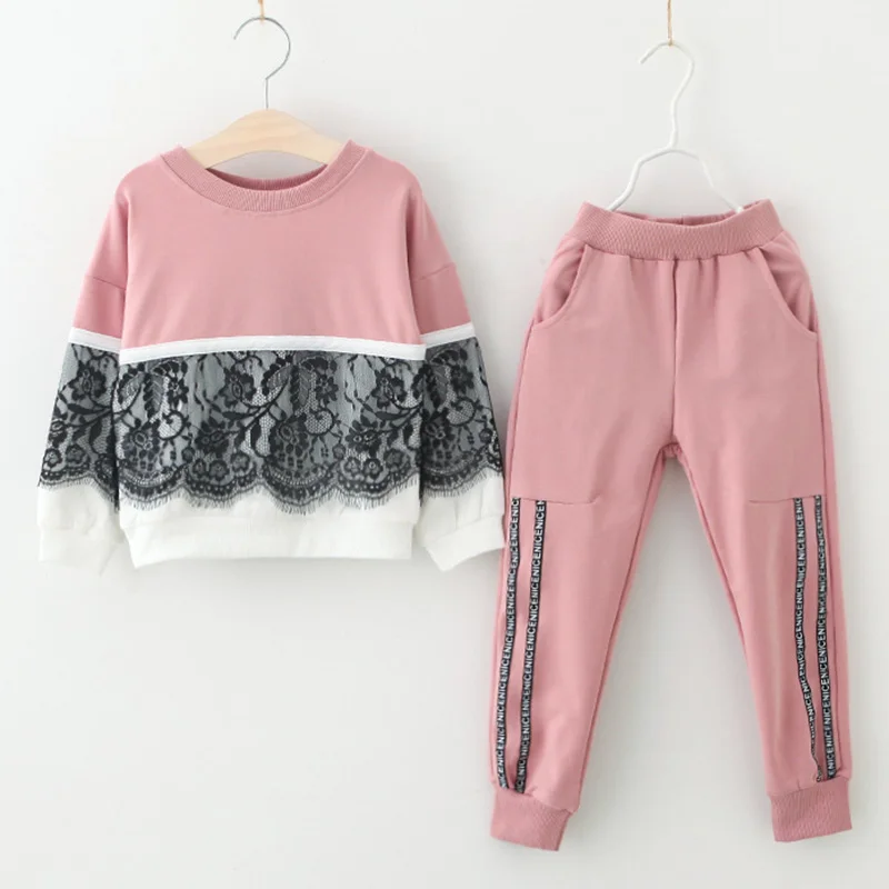 Beenira/комплекты одежды для девочек г. Новая осенняя одежда для девочек для активного отдыха Кружевная футболка с длинными рукавами в стиле пэчворк+ штаны для костюмов for3-7 - Цвет: AZ1787-Pink