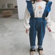 Джинсовый комбинезон с оборками в Корейском стиле для девочек и мальчиков осенние модные штаны для девочек от 3 до 7 лет
