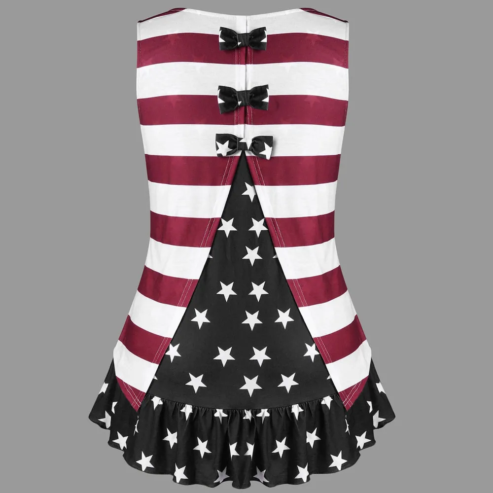Fashion Womens Plus Size American Flag Print Ruffles Bowknot Patriotic 4th of July Independence 