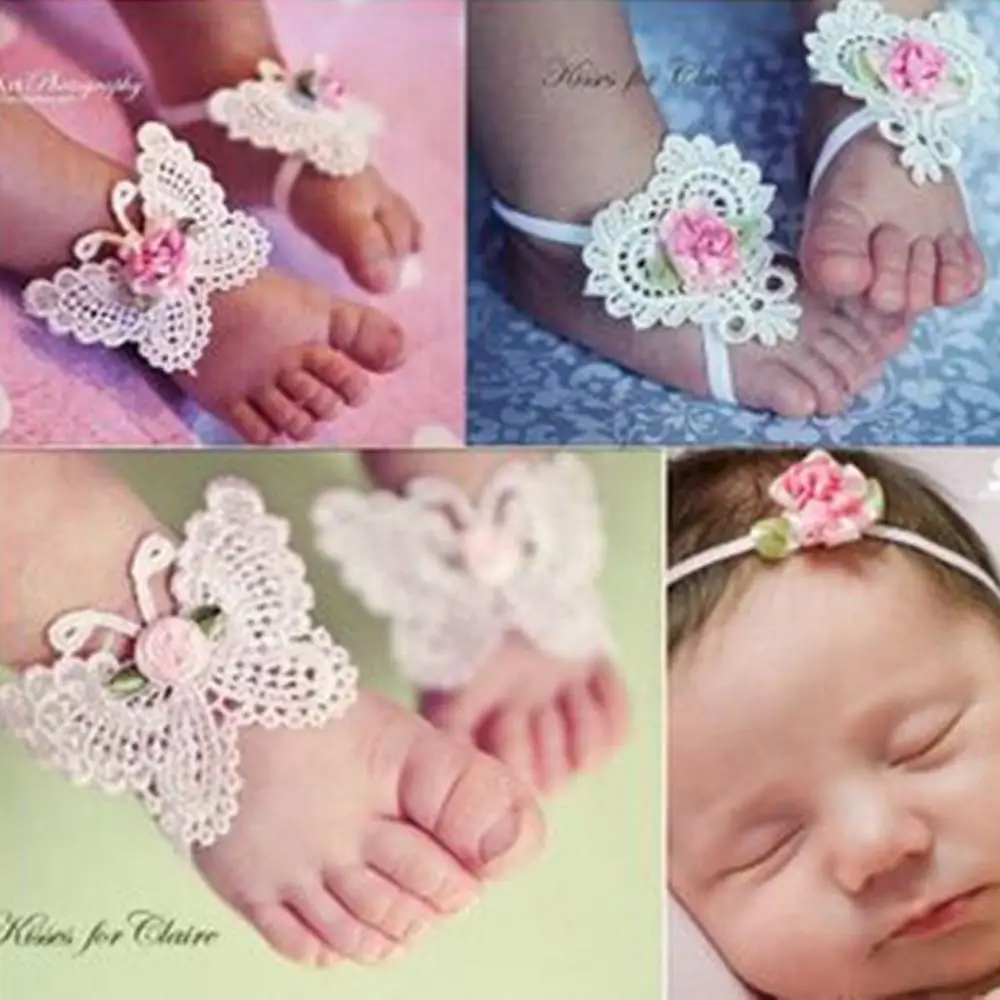 

3PCS Flower Headband Baby Girls Barefoot Sandals Hair Foot Accessories Elastic Fashion Hair Bands Foot Decoration Kids Gift