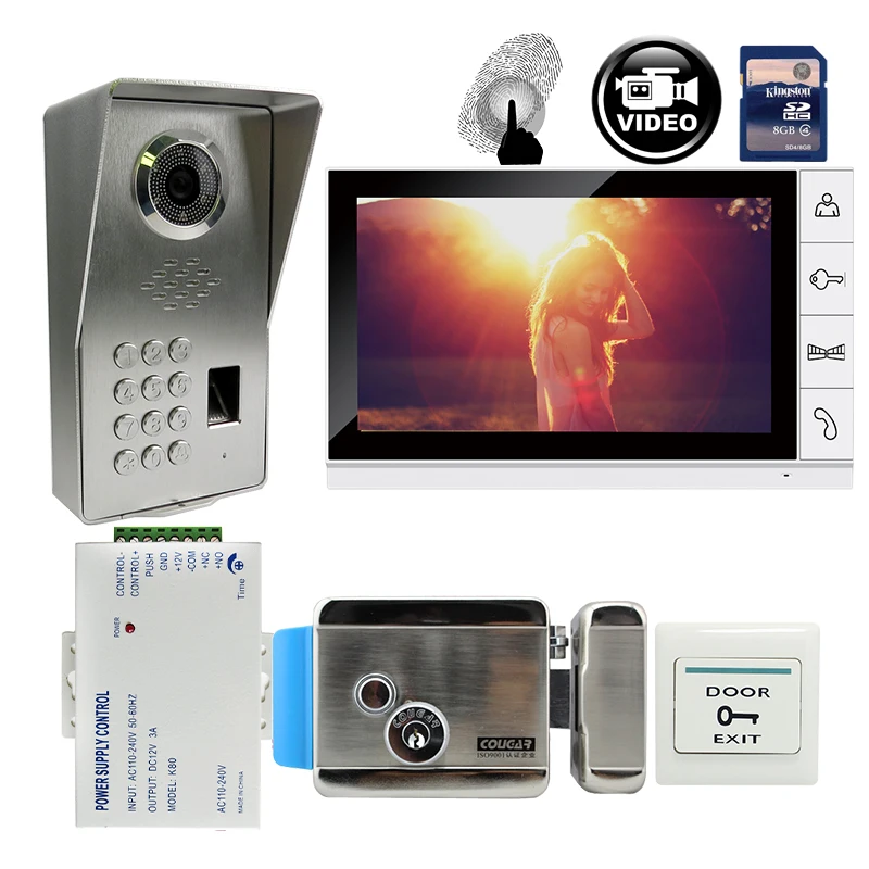 Top FREE SHIPPING 9" Monitor Record Video Intercom Door Phone System + Waterproof Fingerprint Code Keypad Door Camera Mechanism Lock 0