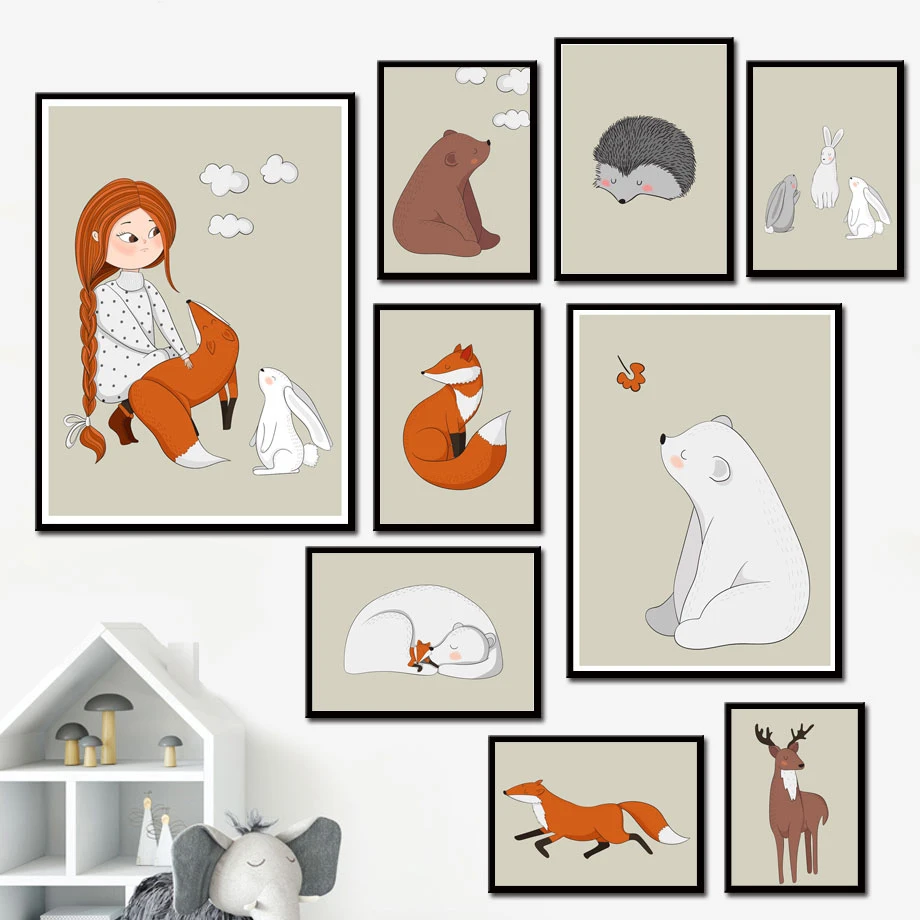 Canvas Paintings Printed Home Decoration Girl Bear Rabbit Deer Fox Hedgehog Wall Artwork Modular Pictures Posters Living Room | Дом и сад