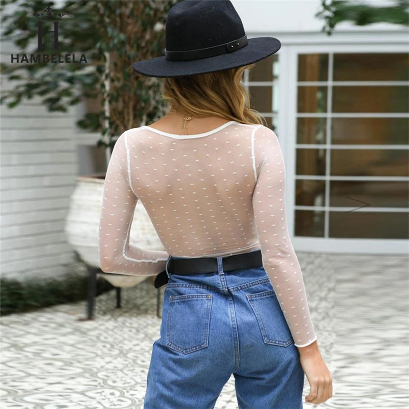 HAMBELELA Perspective Mesh Crochet Sexy Lace Bodysuit Women Long Sleeve V-Neck Skinny Romper Women Party Playsuits And Jumpsuits (1)