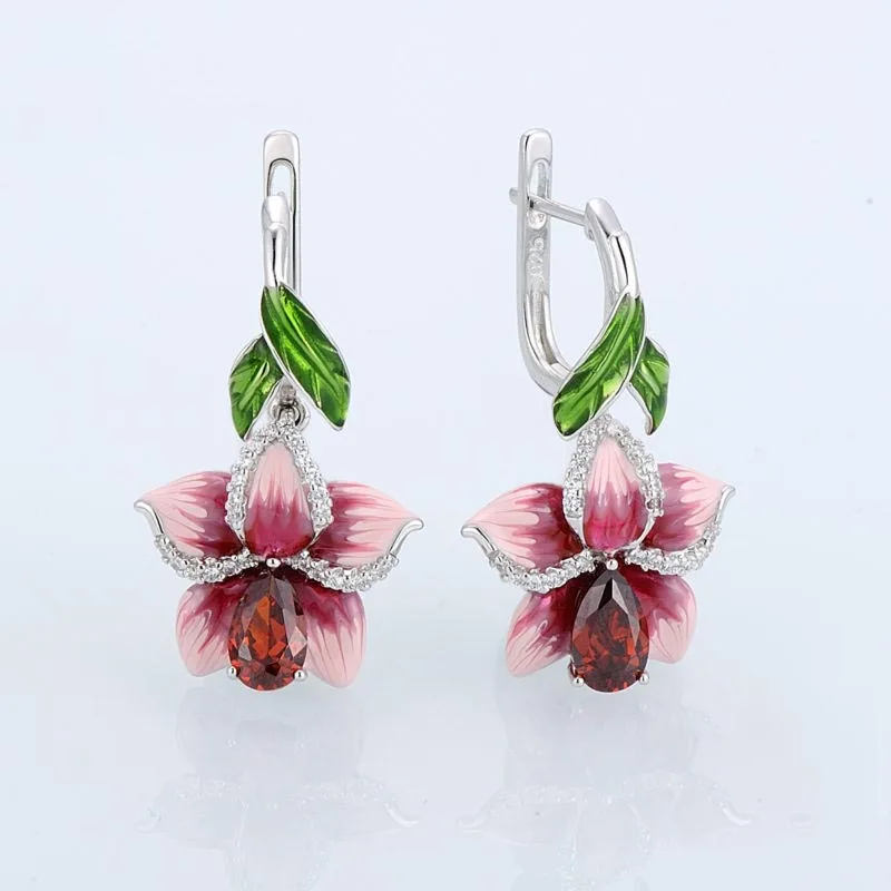 

925 Sterling Silver Women Clip Earrings Big Pear Cut Stone and Pink Enamel Flower Earring for Women Fashion Jewelry