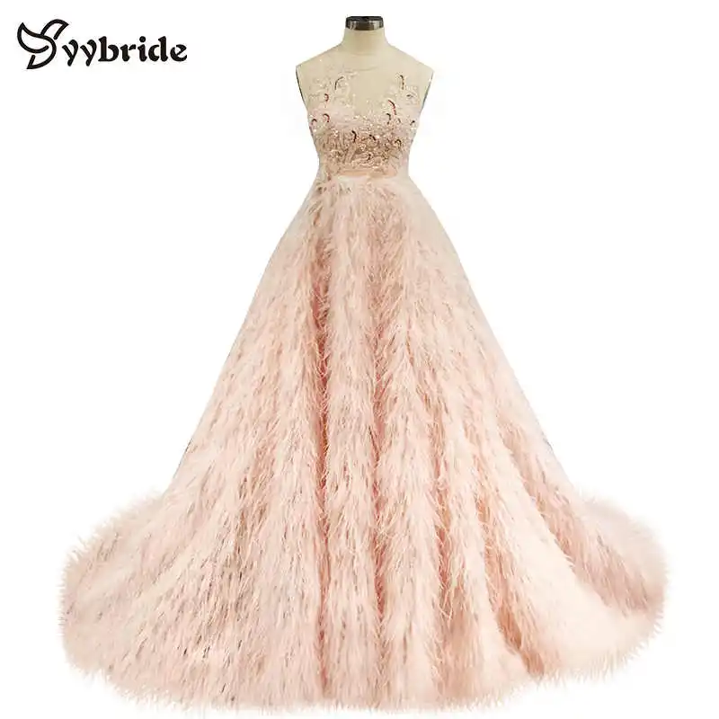 Vestidos элегантное платье сексуальное вечернее платье без рукавов с круглым вырезом осенние вечерние платья в пол с перьями Vestidos Formatura - Цвет: Розовый