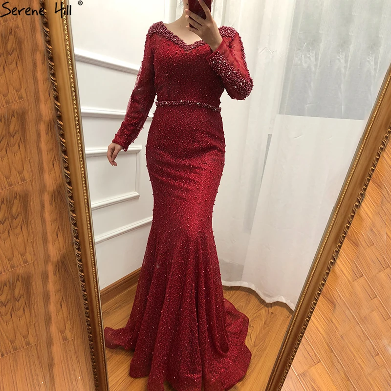 Вечерние платья русалки с длинным рукавом, цвета красного вина, жемчуга,, модное роскошное вечернее платье, настоящая фотография, Дубай, LA6428