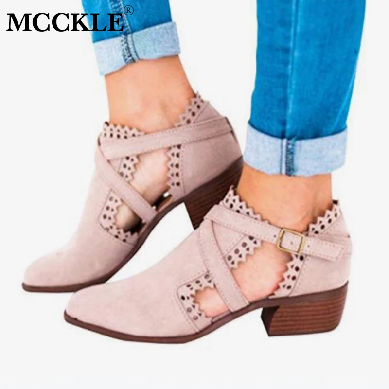 

MCCKLE Autumn Women Ankle Boots Plus Size Female Suede Buckle Strap Hollow Out Thick High Heels Clog Shoes Fashion Footwear