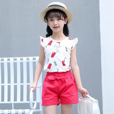 Летние комплекты для девочек, новинка года, комплект из футболки с короткими рукавами и шорт, одежда с короткими рукавами для детей 3-12 лет - Цвет: Красный